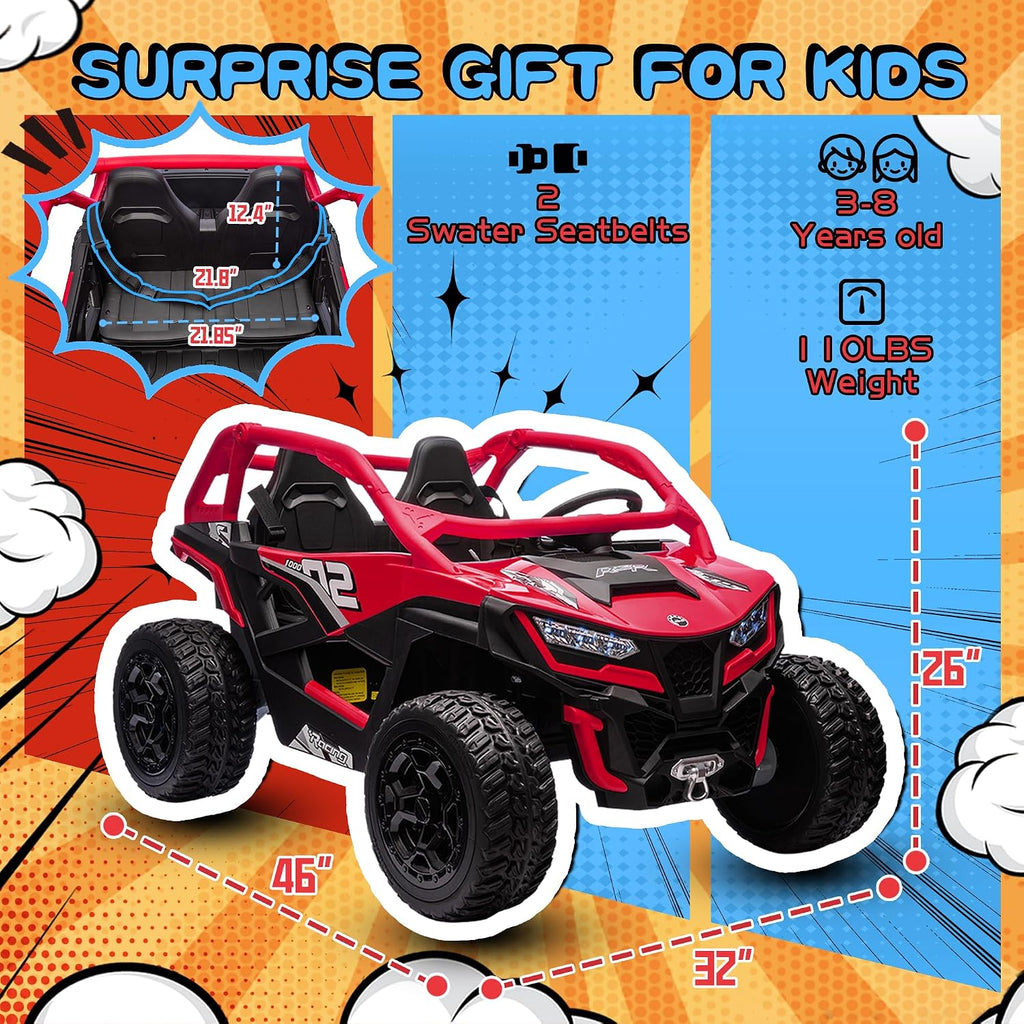 wanan XL 24V 10AH Ride on Toys for Big Kids Real 2-Seater, 4x4 4WD Motor Ride on Car Kid UTV for Kids 3-8, Remote Control, Bluetooth Music, 4 Spring Suspension, 22' Spacious Seats (Red)