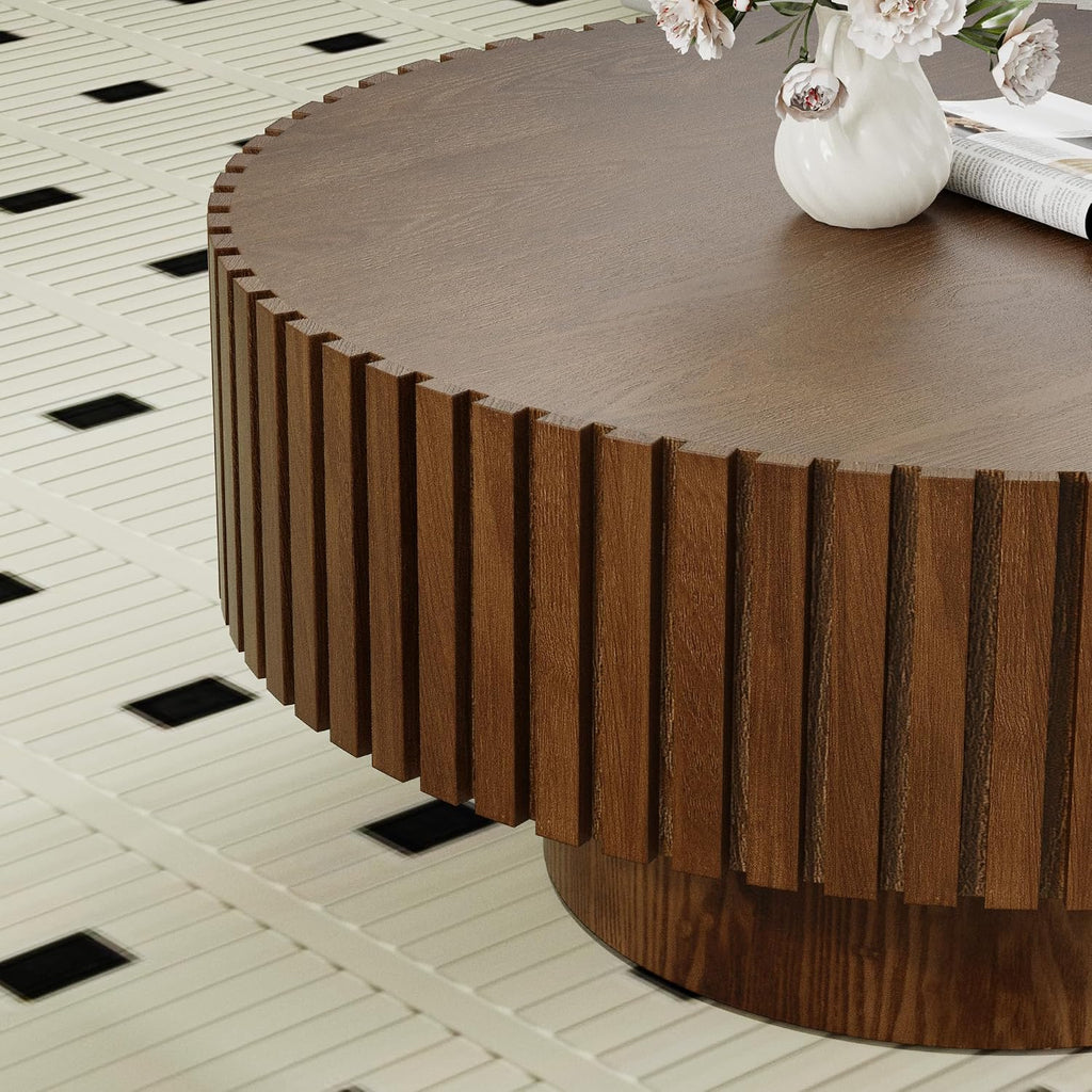 Round Fluted Coffee Table Round Drum Coffee Table for Living Room Modern Circular Pedestal Center Table (Circle Brown 31.5in)
