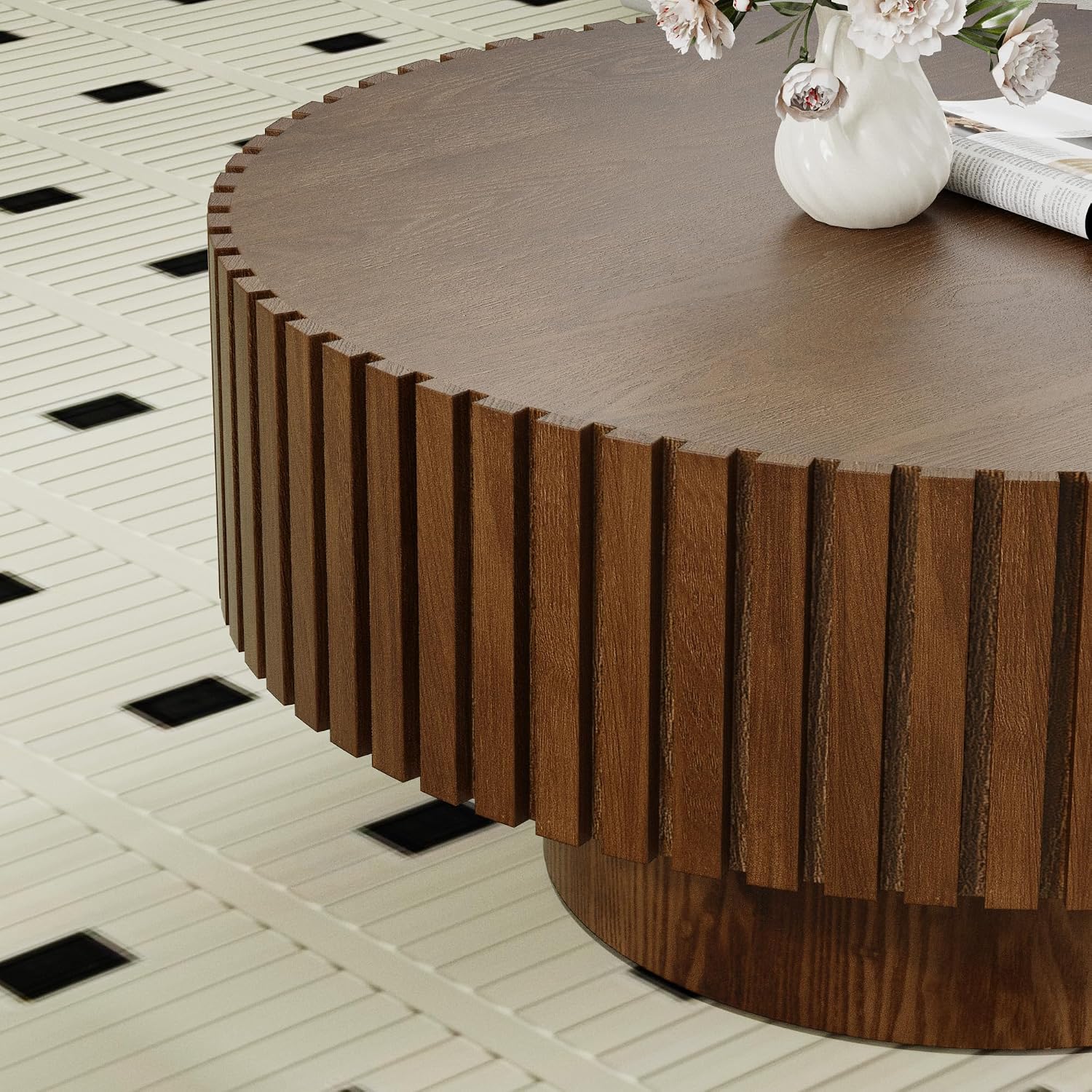 Round Fluted Coffee Table Round Drum Coffee Table for Living Room Modern Circular Pedestal Center Table (Circle Brown 31.5in)