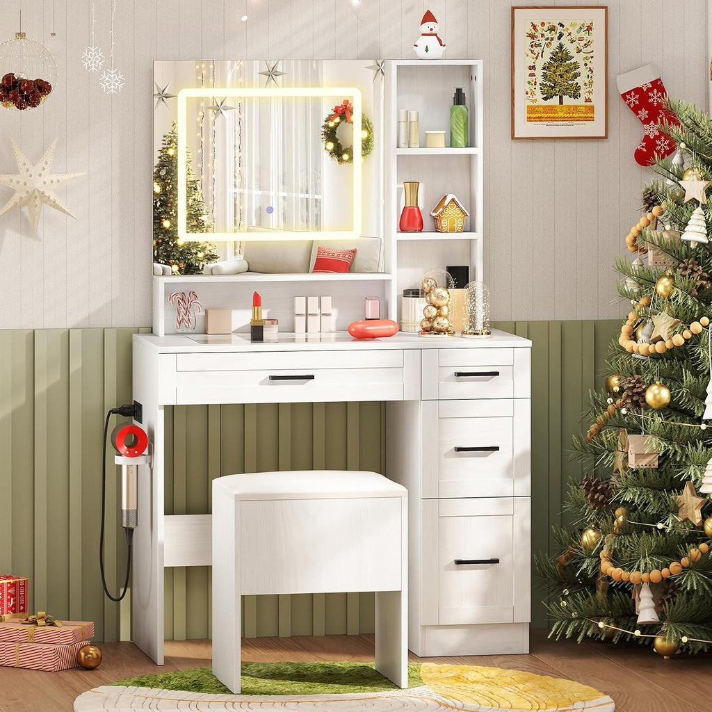 LOKO Vanity Desk with Mirror & Lights, Makeup Table & Stool Set with Storage, Charging Station, Hair Dryer Stand, 3 Color Lighting, See-Through Tempered Glass Tabletop, Modern Dressing Desk, White