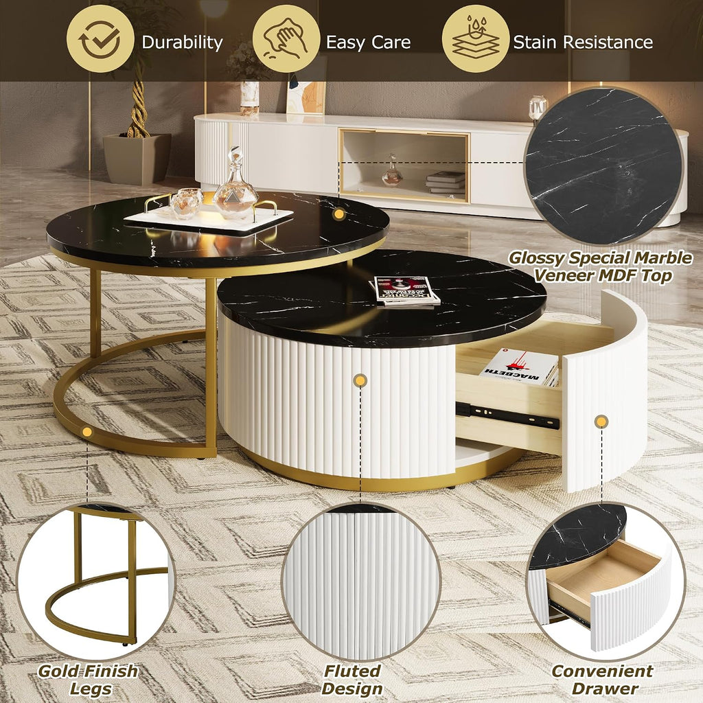 Lift Top Nesting Coffee Table Set of 2, 31.5' Modern Round Coffee Table with Drawer, Circular Wood Center Table Set for Living Room, Apartment, Black & Gold