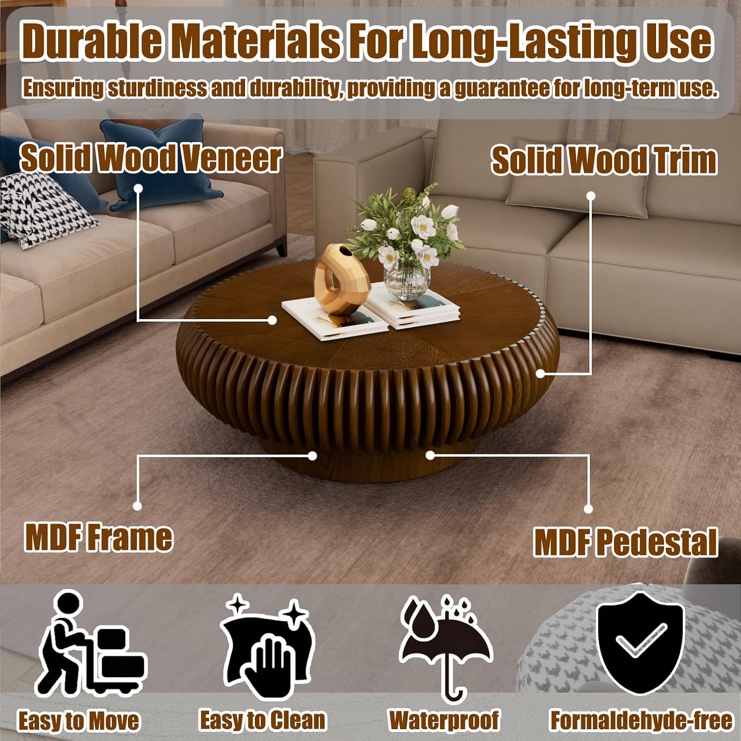 31.5' Round Drum Coffee Table, Modern Fluted Coffee Tables with Solid Wood Veneer, Wooden Circle Center Table for Living Room, Small Spaces, and Apartments, Easy Assembly