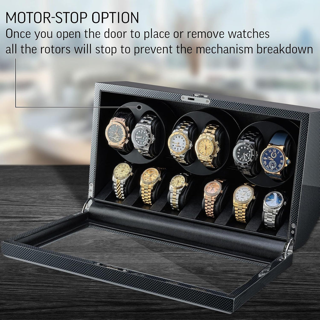 TIMECUBE Watch Winder with 6 Storage Slots, LED Light and Automatic Motor-Stop Option