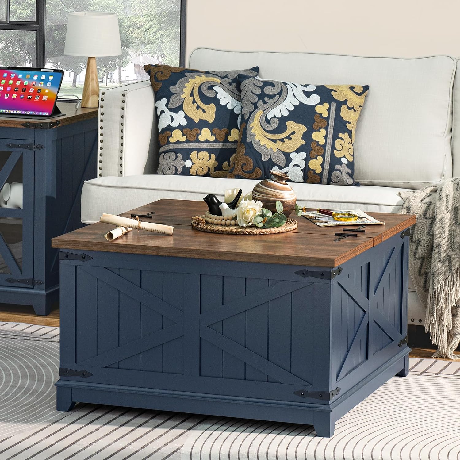Farmhouse Coffee Table Set of 3, Furniture Set with Charging Station, Coffee Table with Hidden Storage Organizer and Nightsand 3-piece set, Country Center Table Set for Living Room,Office, Home, Blue