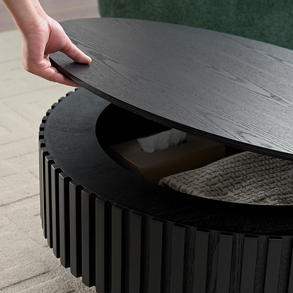 WILLIAMSPACE 31.49' Round Coffee Table with Storage for Living Room, Modern Circle Center Table with Solid Wood Veneered & Sturdy Pedestal, Accent End Tea Table for Apartment - Black