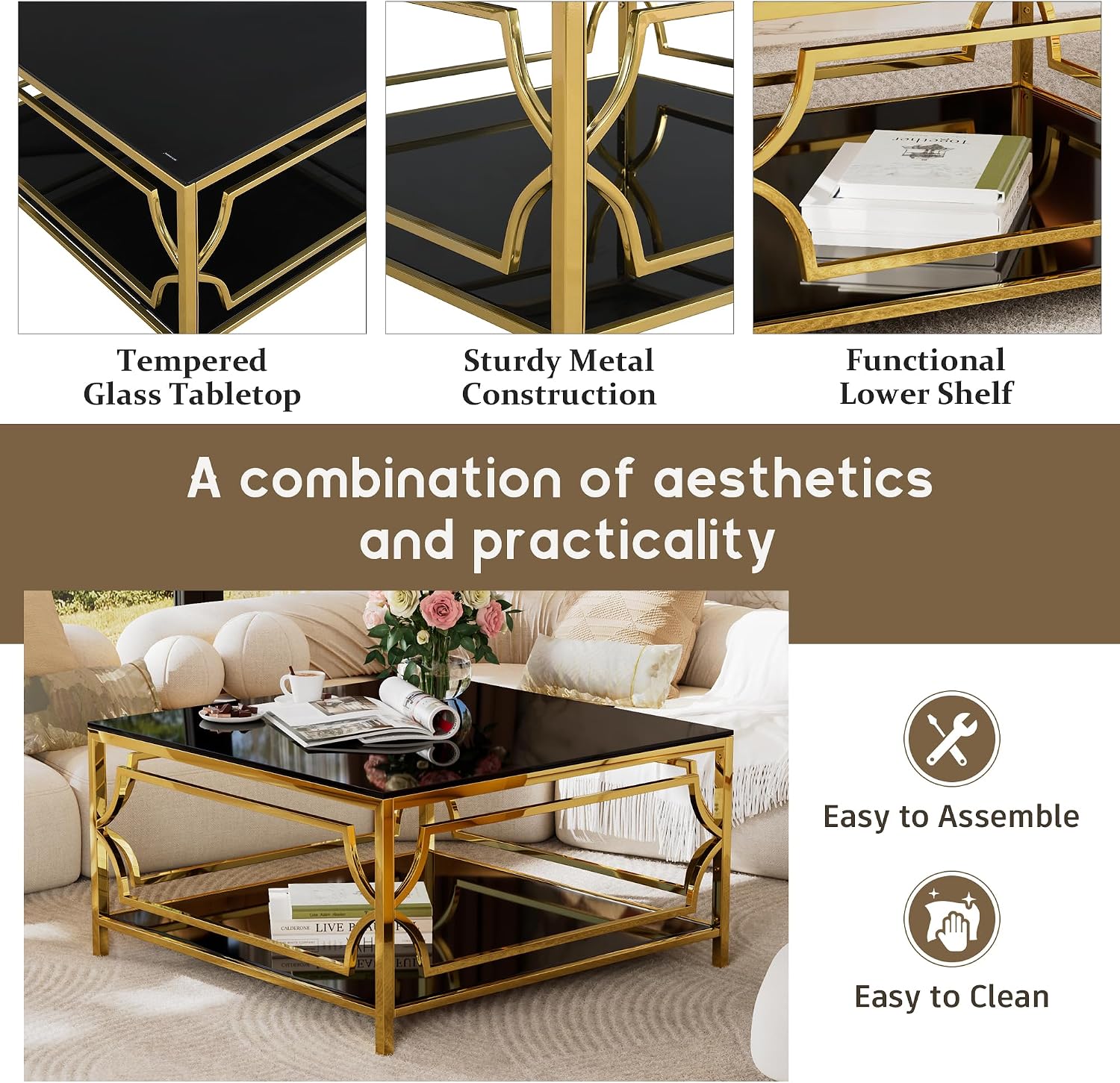 33.5'' Tempered Glass Square Coffee Table for Living Room, 2-Tier Modern Coffee Table, Black Mirror Tabletop & Metal Base, Easy Assembly, Black & Gold