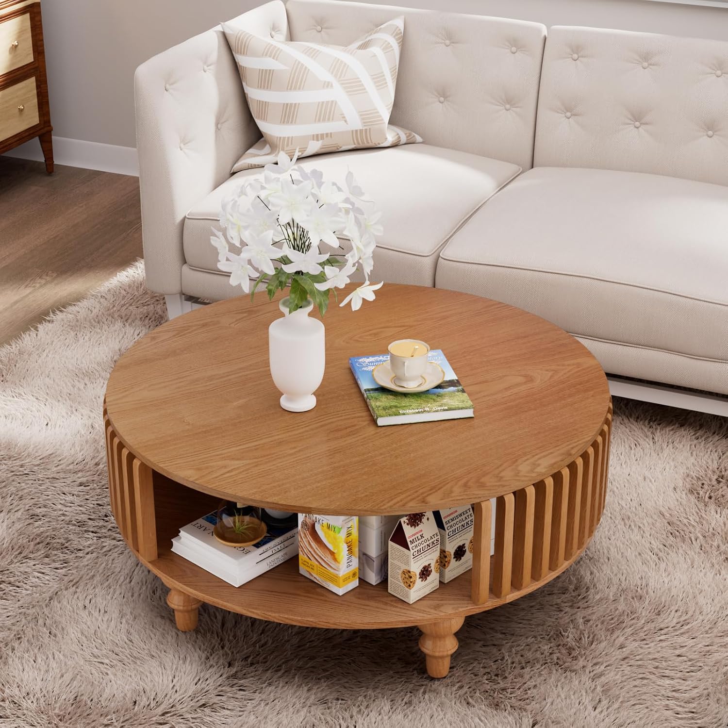 2-Tier Round Coffee Table 30.7' Round Coffee Table with Storage Mid-Century Modern Circle Accent Center Table Farmhouse Low Cocktail Tea Furniture for Living Room Small Spaces (30.7' Round)