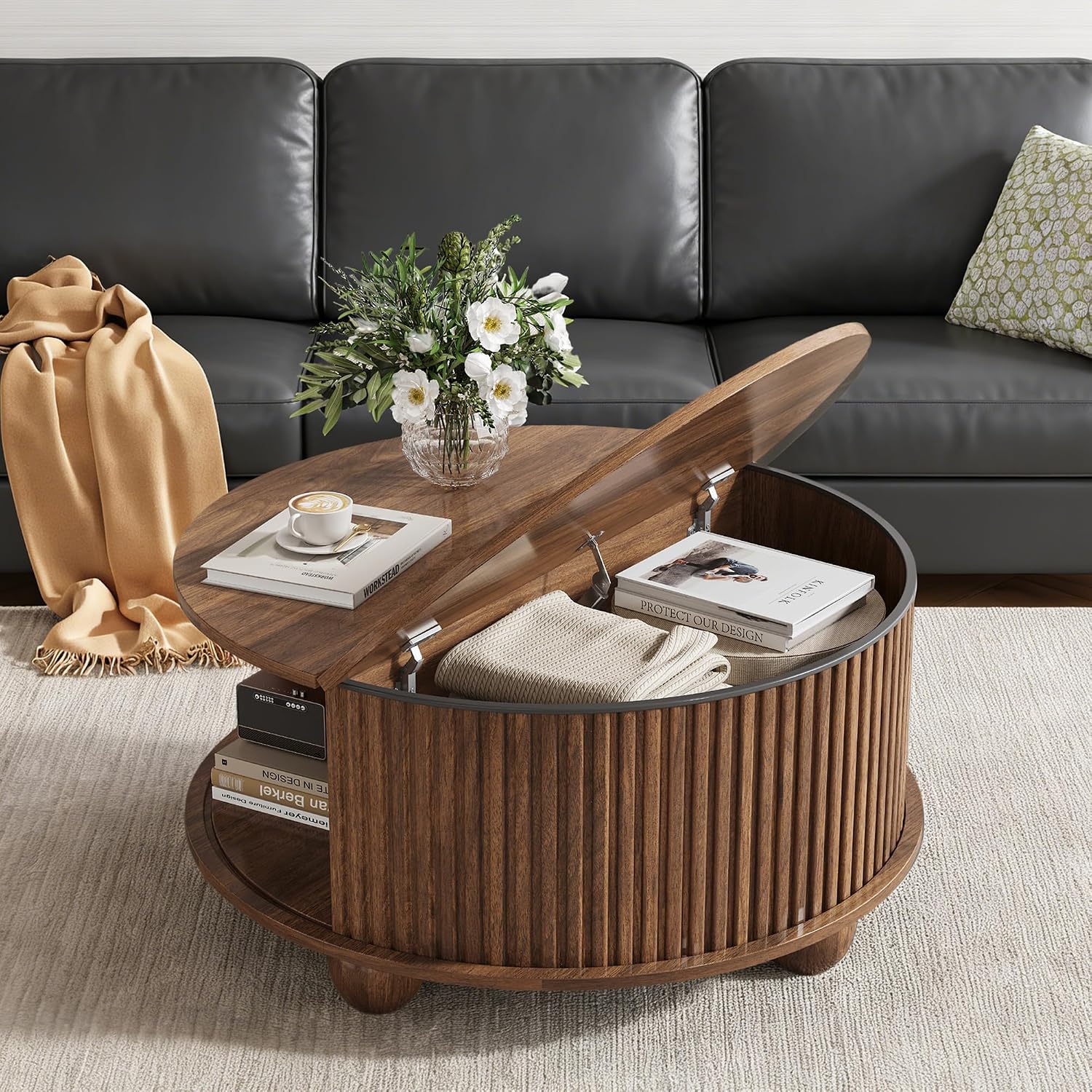 Round Coffee Table with Storage, Fluted Center Table with Sliding Tambour Door and Open Shelves, Mid Century Small Coffee Table for Living Room, Small Space, Walnut