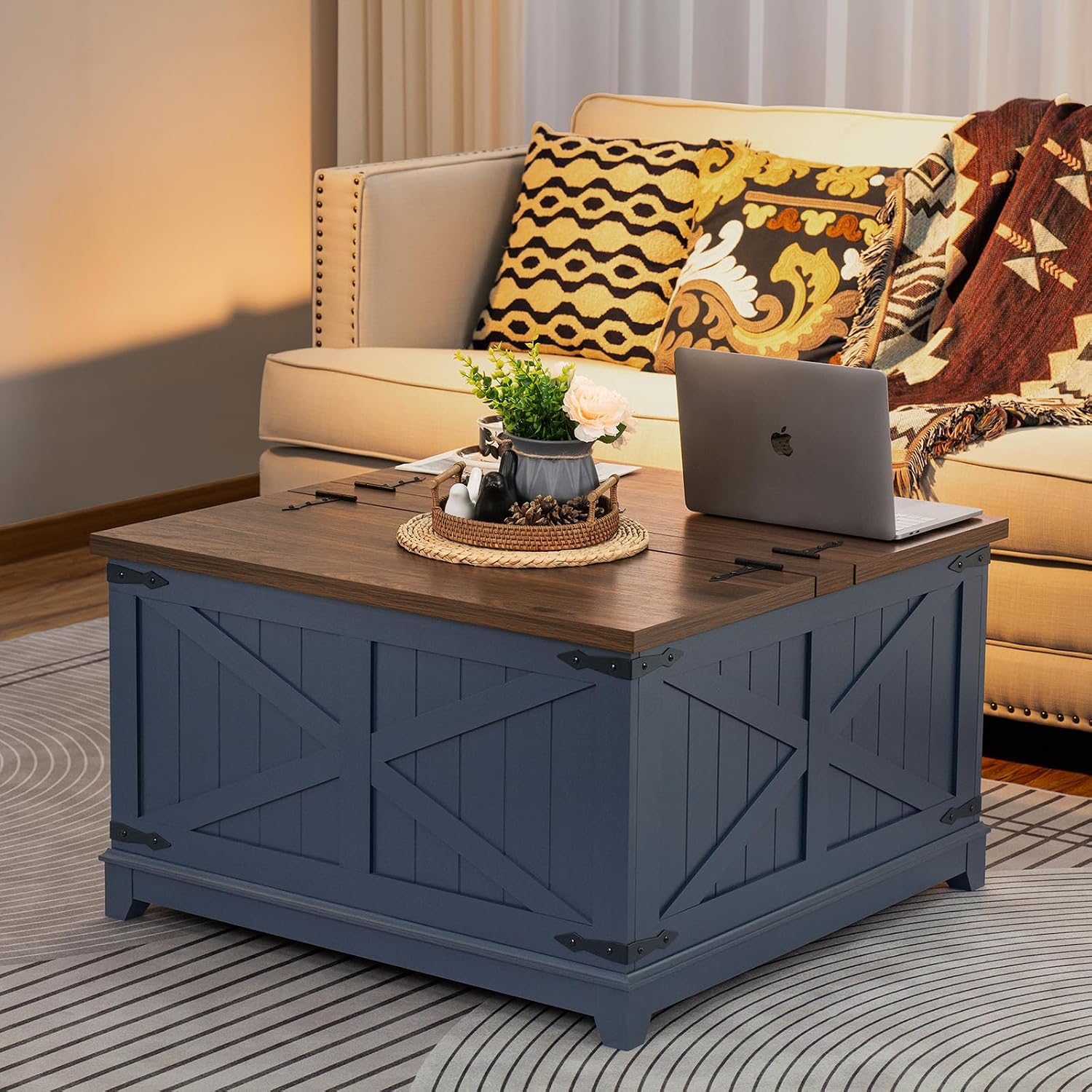 Farmhouse Coffee Table Set of 3, Furniture Set with Charging Station, Coffee Table with Hidden Storage Organizer and Nightsand 3-piece set, Country Center Table Set for Living Room,Office, Home, Blue