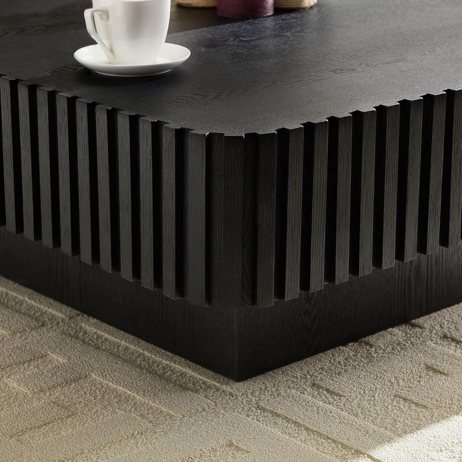 WILLIAMSPACE 35.43' Square Coffee Table with Sturdy Base, Modern Luxury Wood Drum Center Table Accent End Side Table for Living Room, Minimalist Fluted Design, Black