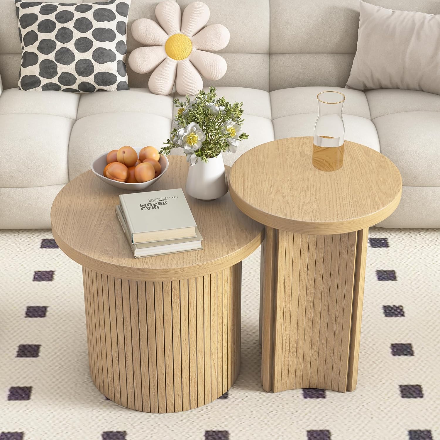 Set of 2 Nesting Coffee Tables Farmhouse,Round Coffee Tables Living Room,Wood Finish Coffee Table Set, Small Coffee Table, Sofa Side Living Room Bedroom Coffee Table Side Table (Small Size-Set)