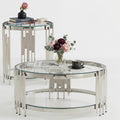 2 Piece Round Glass Coffee Table Set of 2, 31.5' Circle Coffee Table and End Tables Set with Silver Stainless Steel Frame, Modern 2-Tier Clear Silver Living Room Table Set for Home Office