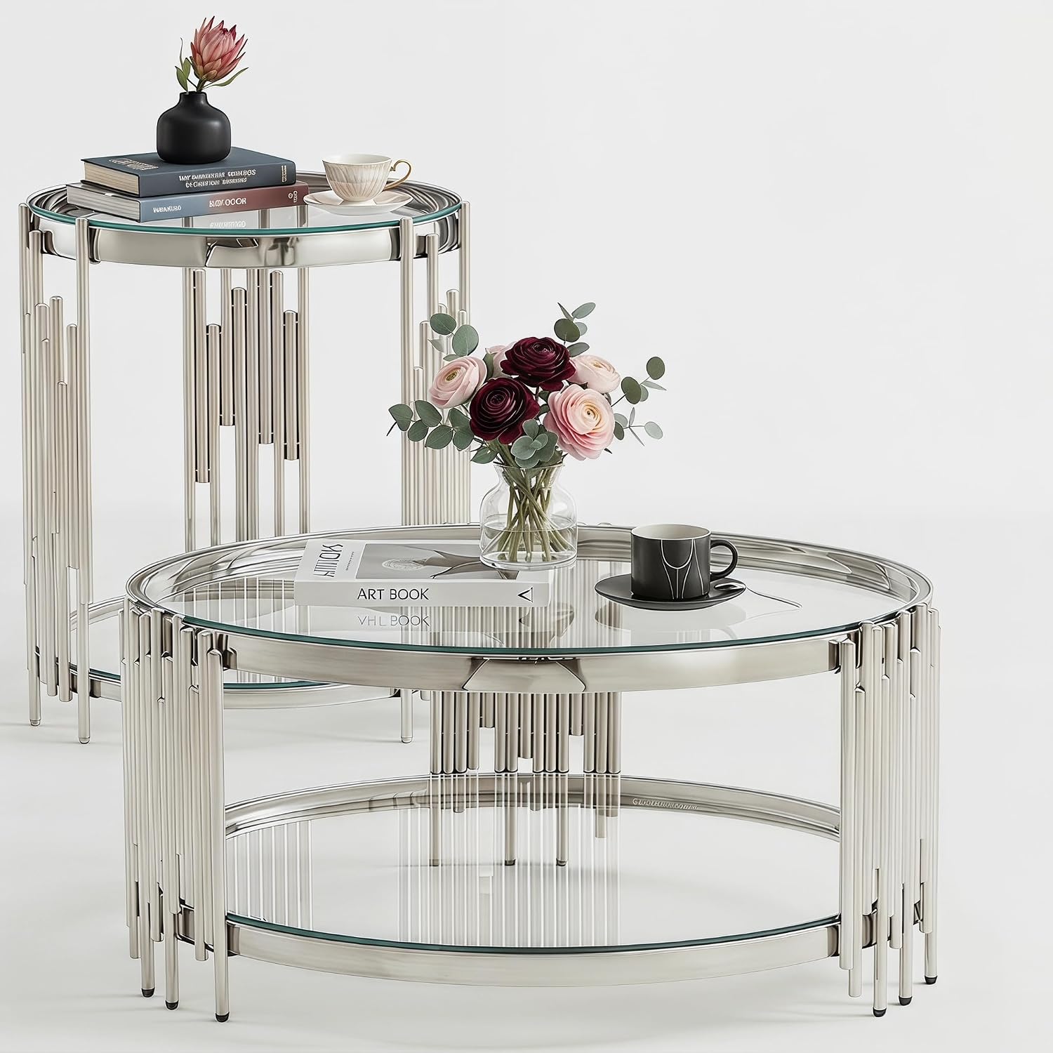 2 Piece Round Glass Coffee Table Set of 2, 31.5' Circle Coffee Table and End Tables Set with Silver Stainless Steel Frame, Modern 2-Tier Clear Silver Living Room Table Set for Home Office