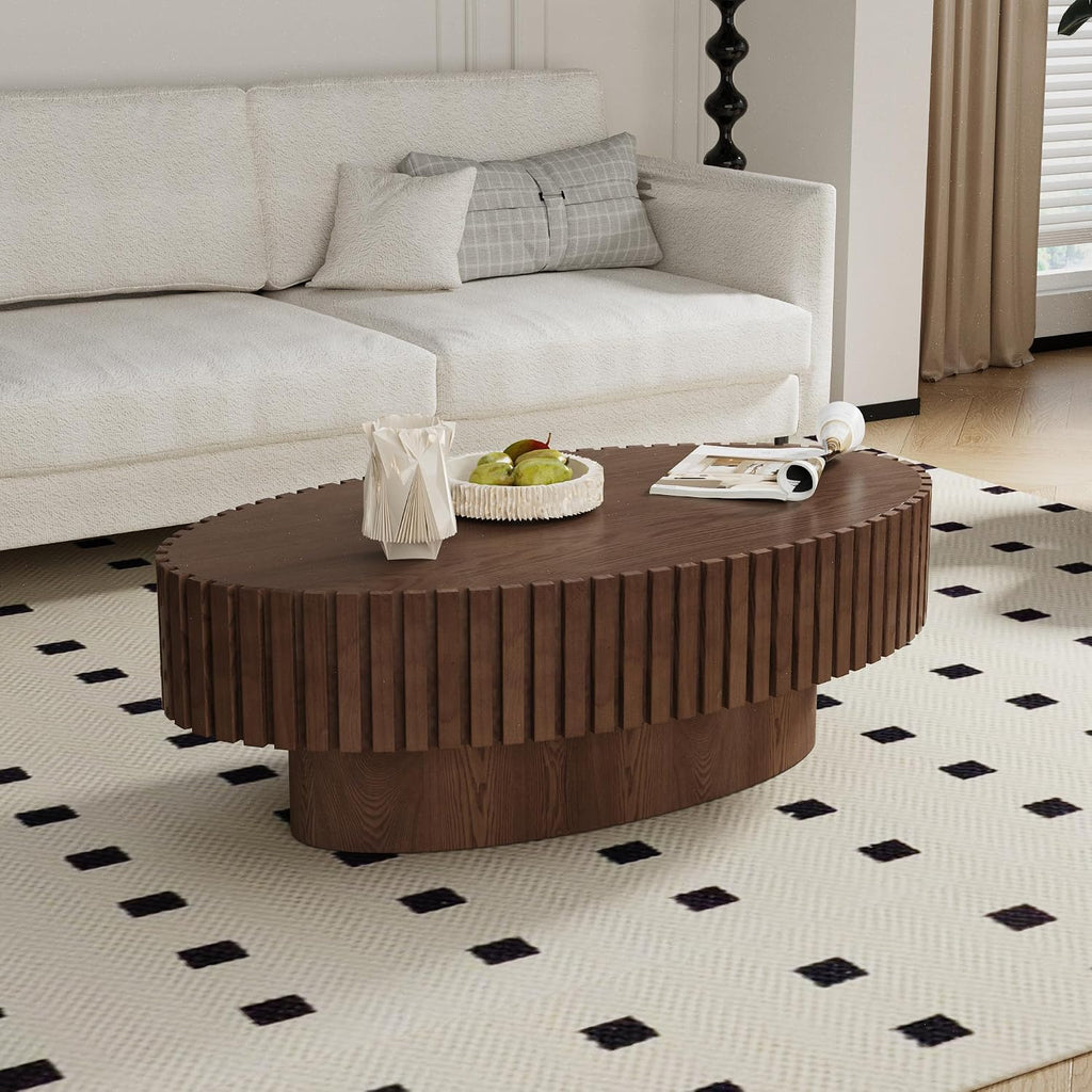 Oval Fluted Coffee Table Drum Coffee Tables for Living Room Modern Pedestal Center Table (Oval Brown 43.3in)