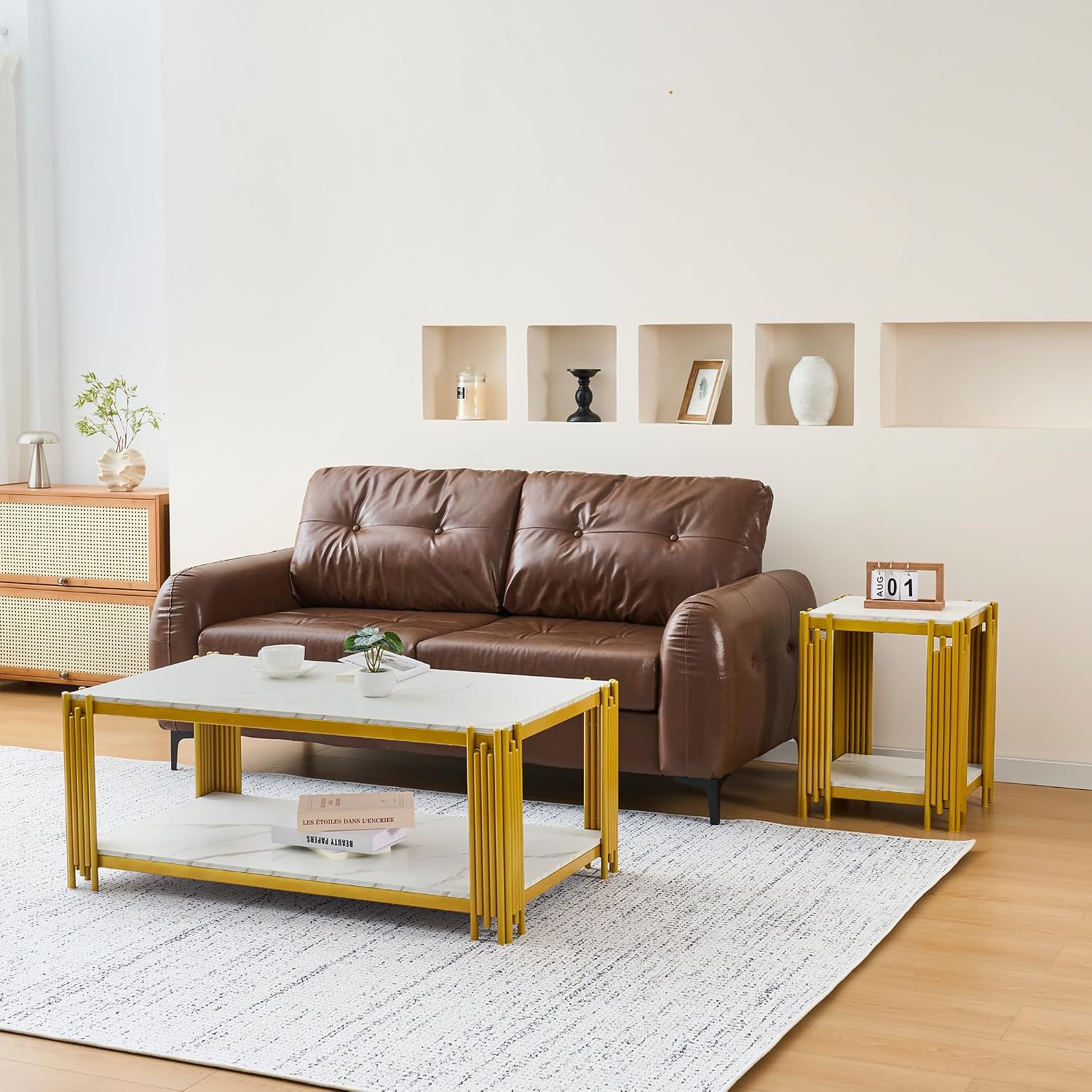 45'' Modern 2-Tiers Coffee Table with Golden Iron Frame, White Faux Marble Top, Rectangle Cocktail Center Table for Living Room Office, White and Gold Coffee Side Table for Apartment