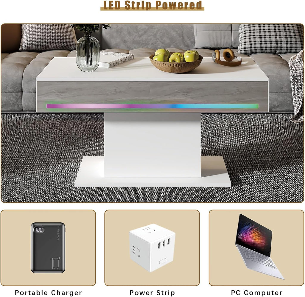 HedoAjim Led Coffee Table for Living Room, Living Room Table Rectangular Center Table, Modern Wooden Coffee Tables with 16 Colors LED Lights for Dining Reception Room