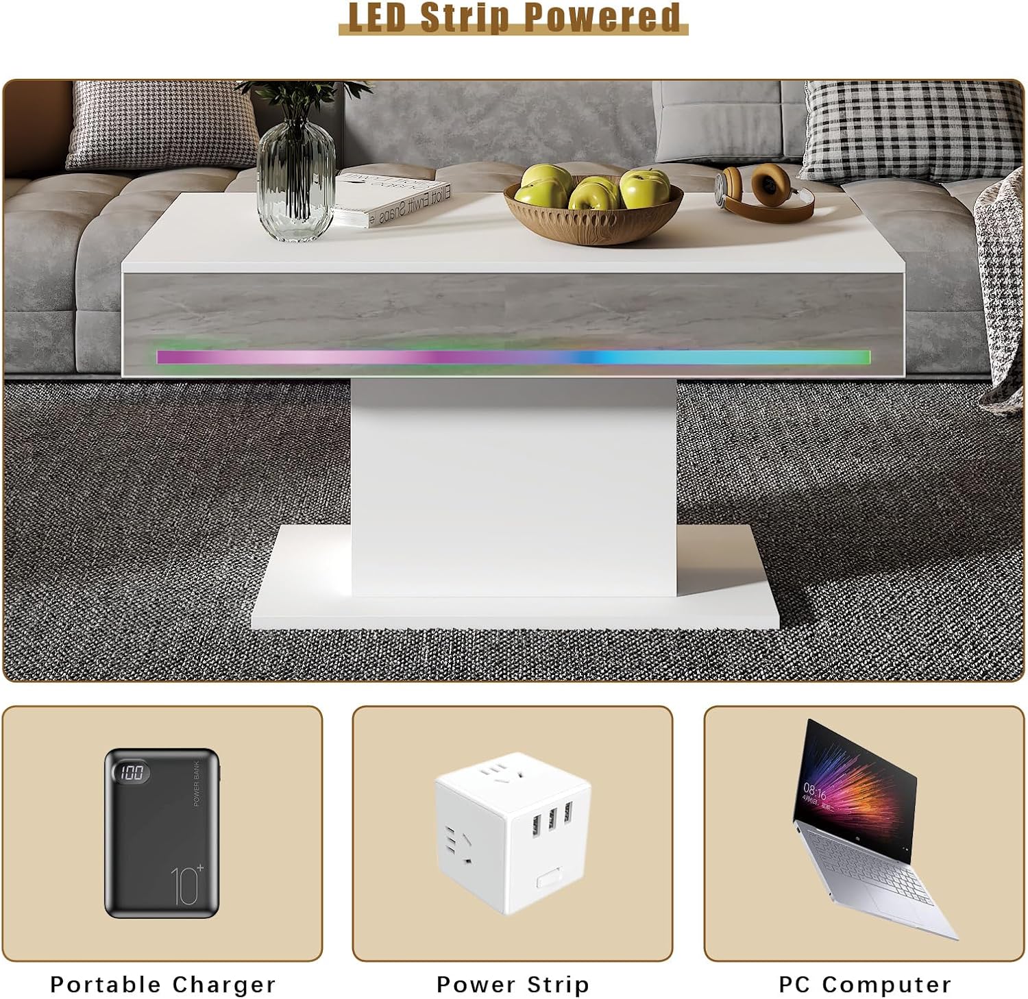 HedoAjim Led Coffee Table for Living Room, Living Room Table Rectangular Center Table, Modern Wooden Coffee Tables with 16 Colors LED Lights for Dining Reception Room
