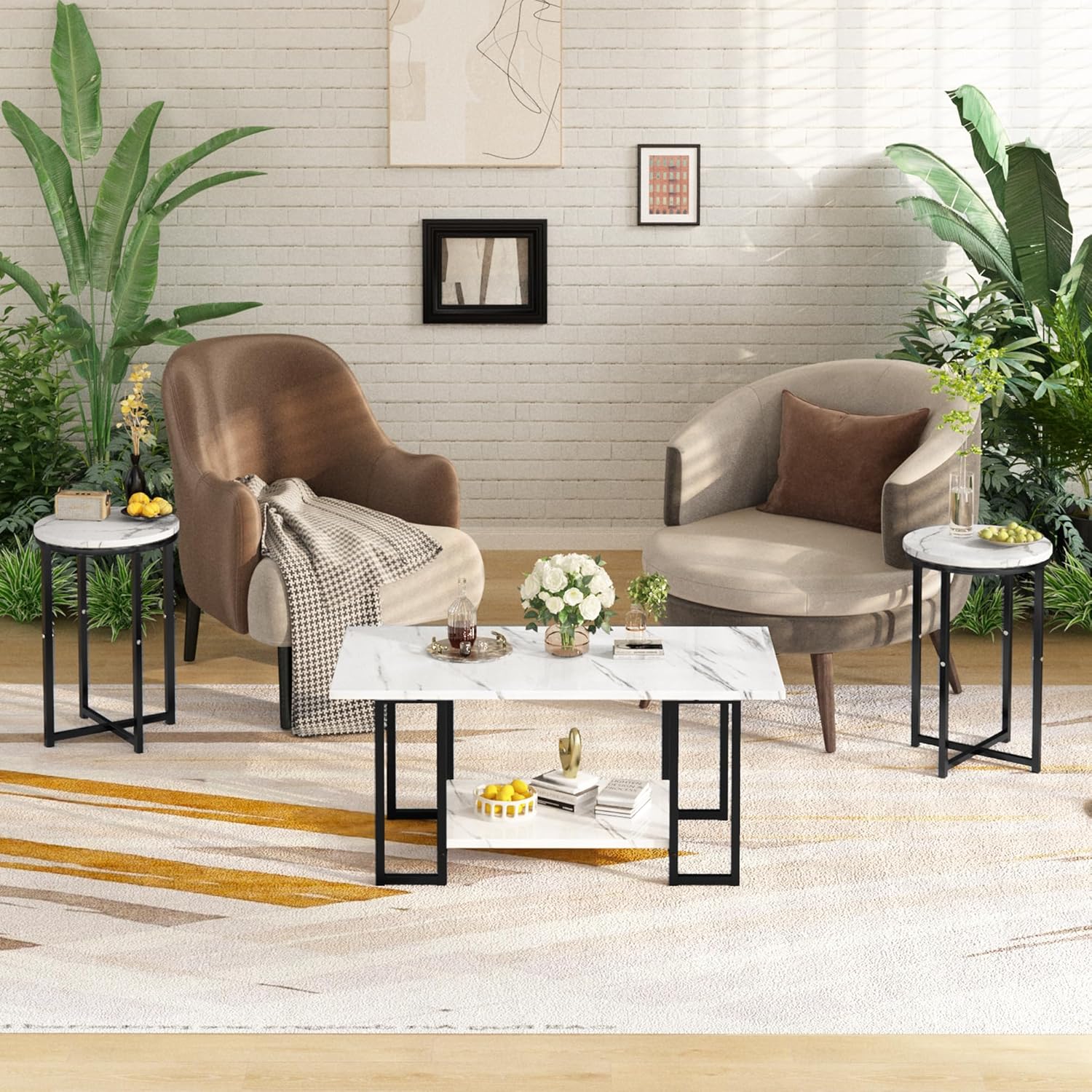 AWQM Coffee Table Set of 3, Faux Marble Coffee Table with 2 Round End Side Tables, Modern Living Room Table Set with Metal Frame for Apartment Home Office，White&Black