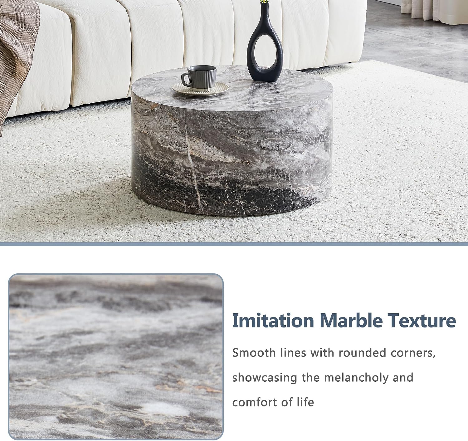 23.6' Grey Marble Small Coffee Table for Living Room Round Faux Marble Center Table Modern Drum-Shape Wooden Cocktail Table for Home Office - Fully Assembled