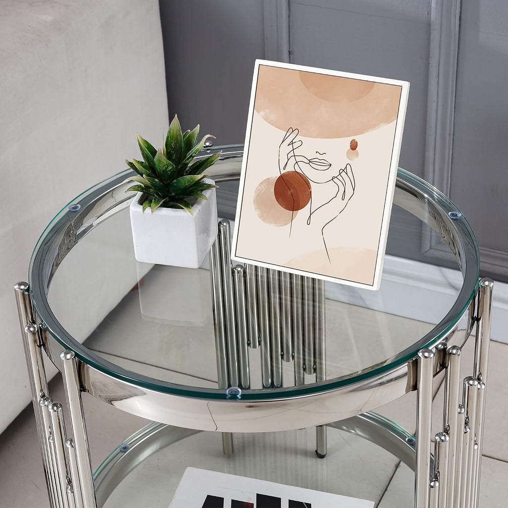 Luxury Glass Round Coffee Table Set of 3, Glass Circle Coffee Table and 2 Clear Glass End Table with Silver Stainless Steel Base, 3 Piece Living Room Coffee Table Set for Apartment Bedroom
