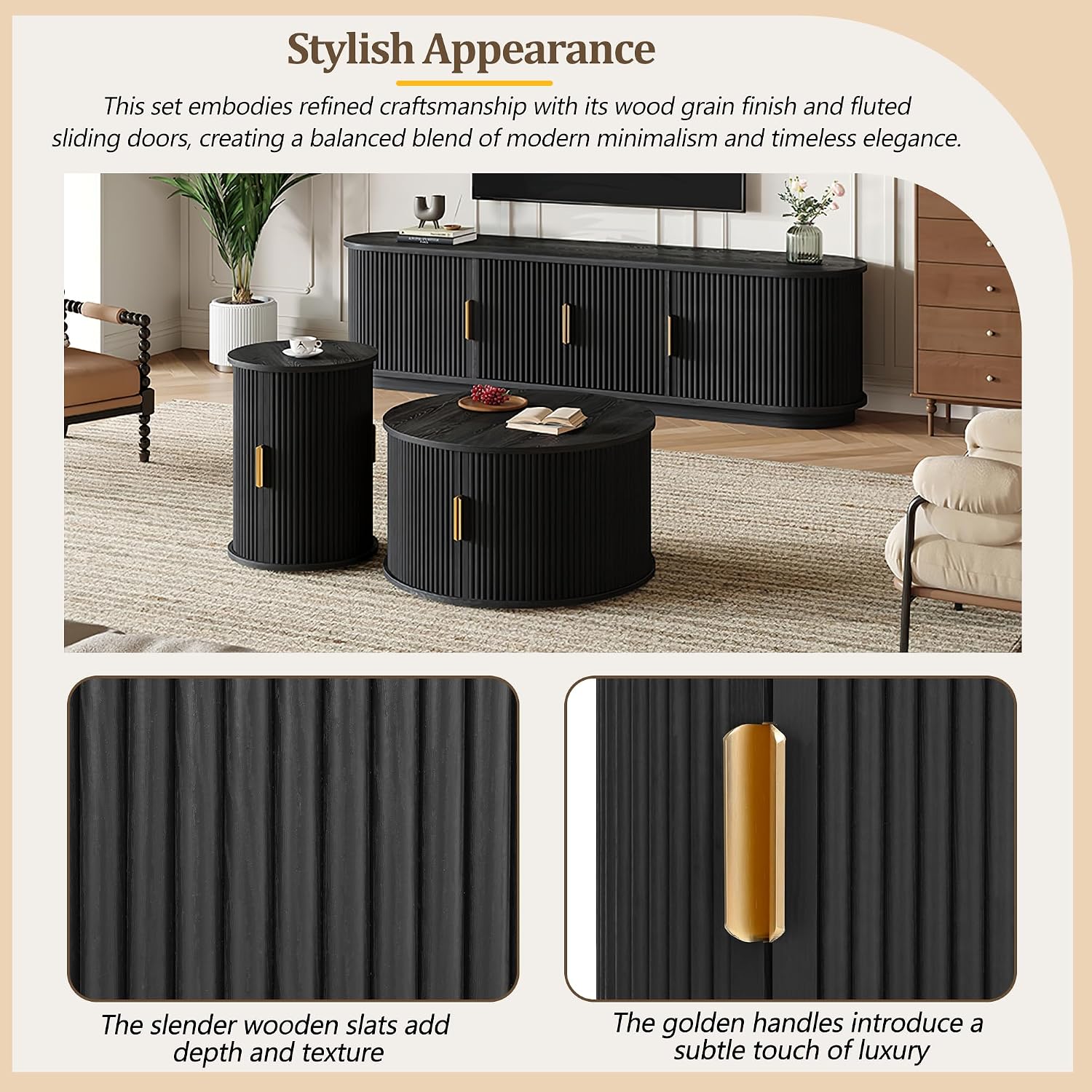 LUMISOL TV Stand and Coffee Table Set of 3, Fluted Entertainment Center with Sliding Doors and Cable Hole for TVs up to 75', Farmhouse Round Center Table for Living Room, Black