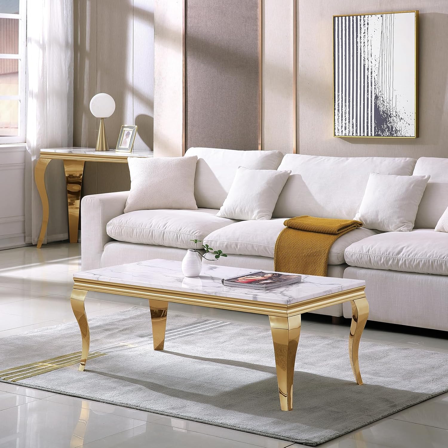 White Marble Coffee Table Set of 3, Modern Faux Marble Coffeee Table and 2 End Side Table, Luxury 3 Piece Living Room Table Set with Gold Stainless Steel S-Shape Legs for Apartment Home Office