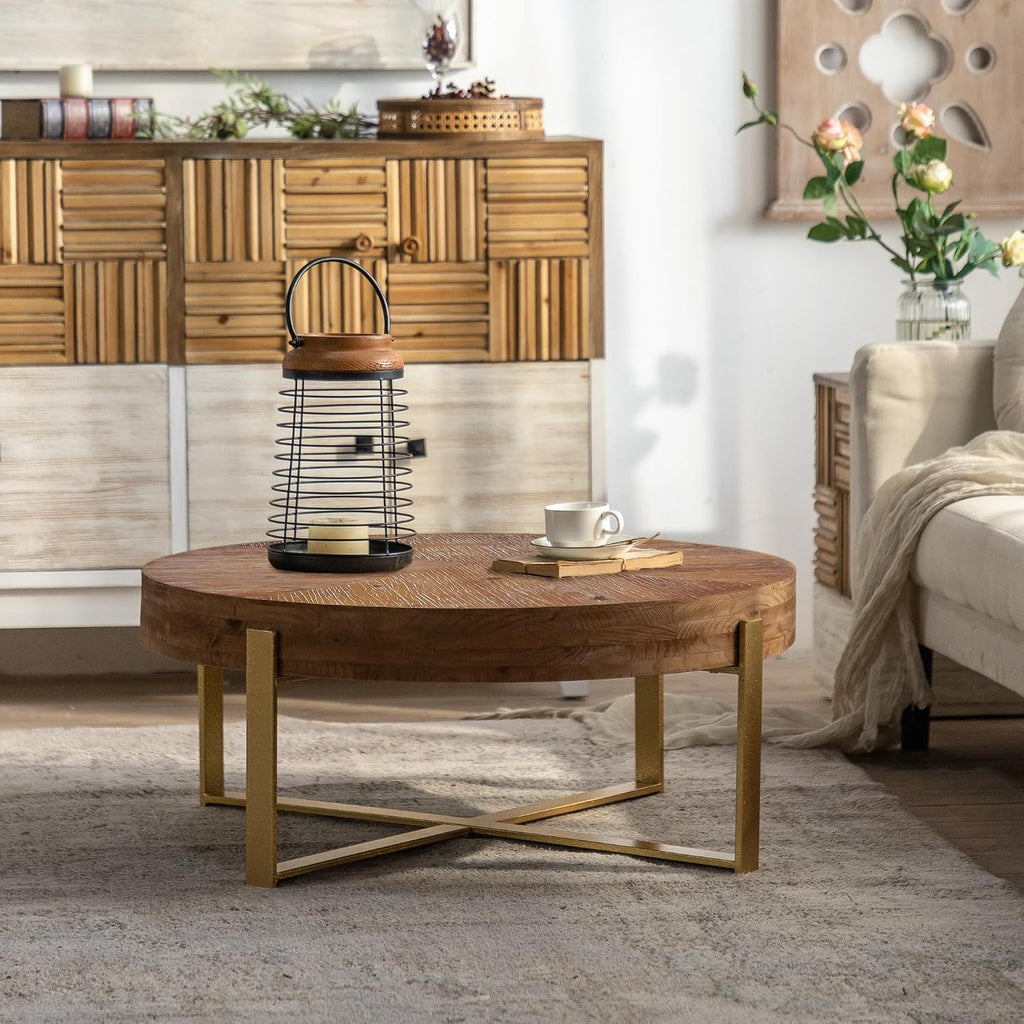 Setawix Farmhouse Round Coffee Table for Living Room, 31.29' Small Side End Table, Wood Retro Splicing Coffee Table, Modern Accent Coffee Table Entry Way Table with Gold Metal Cross Leg