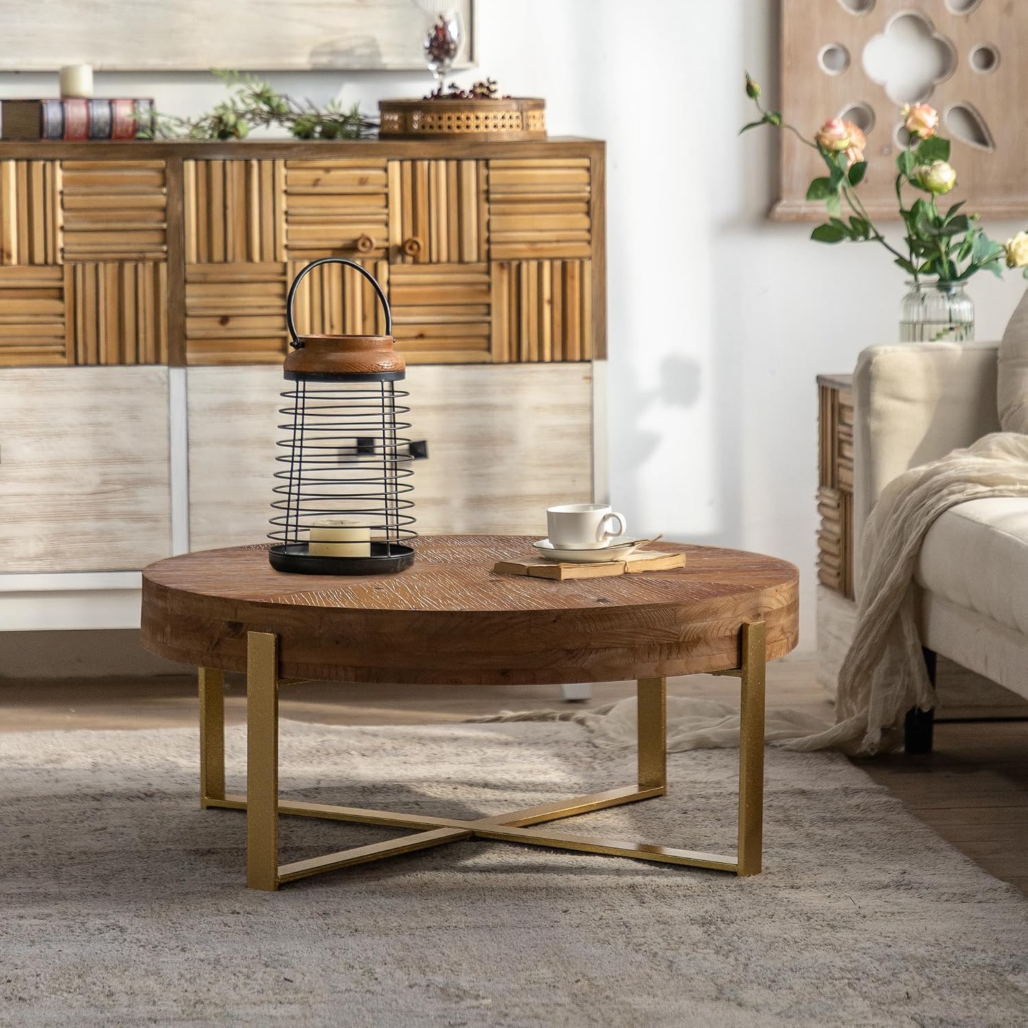 Setawix Farmhouse Round Coffee Table for Living Room, 31.29' Small Side End Table, Wood Retro Splicing Coffee Table, Modern Accent Coffee Table Entry Way Table with Gold Metal Cross Leg