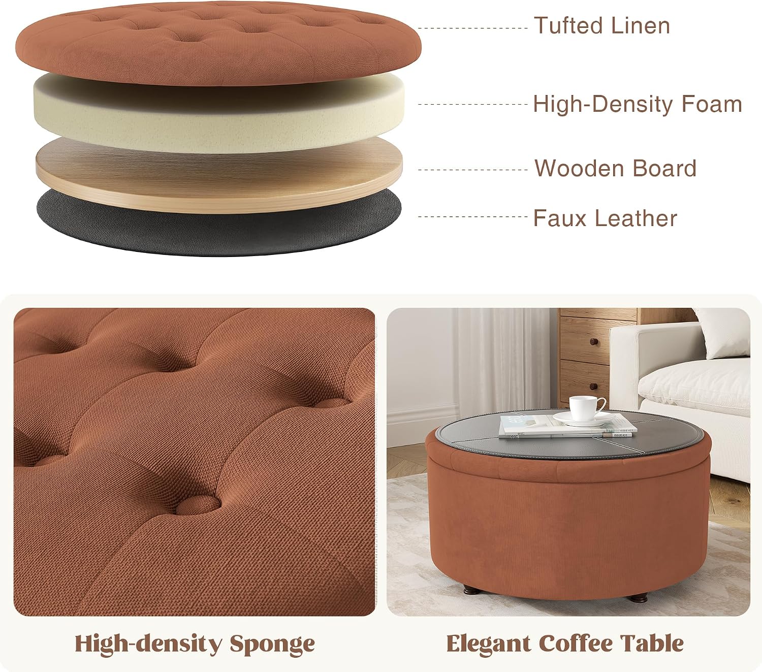 30 Inch Round Storage Ottoman,Modern Tufted Ottomans,Upholstered Large Ottoman with Storage with Removable Top Footrest Stool for Bedroom Living Room (Orange)