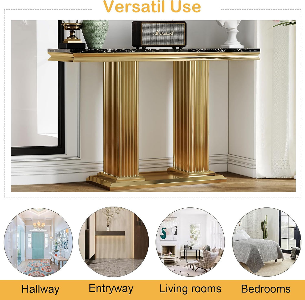 Modern 47' Rectangular Marble Console Table Luxury Black Faux Marble Entryway Table with Gold Column-Shape Stainless Steel Base Narrow Sofa Table Hallway Table for Living Room Entrance
