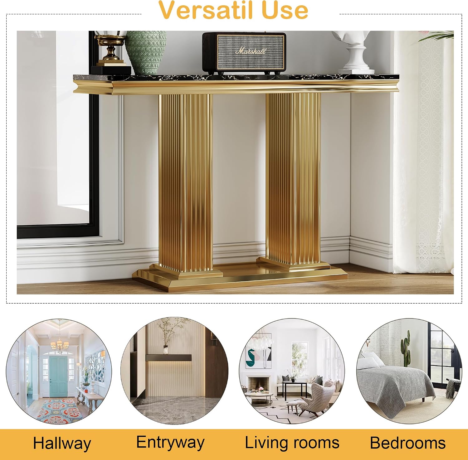 Modern 47' Rectangular Marble Console Table Luxury Black Faux Marble Entryway Table with Gold Column-Shape Stainless Steel Base Narrow Sofa Table Hallway Table for Living Room Entrance