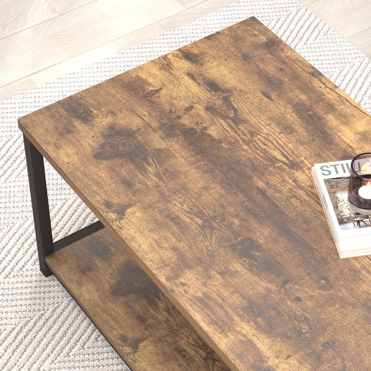 EXCEFUR Modern Coffee Table, Industrial Metal and Wood Living Room Table with Storage Shelf, Rustic Brown