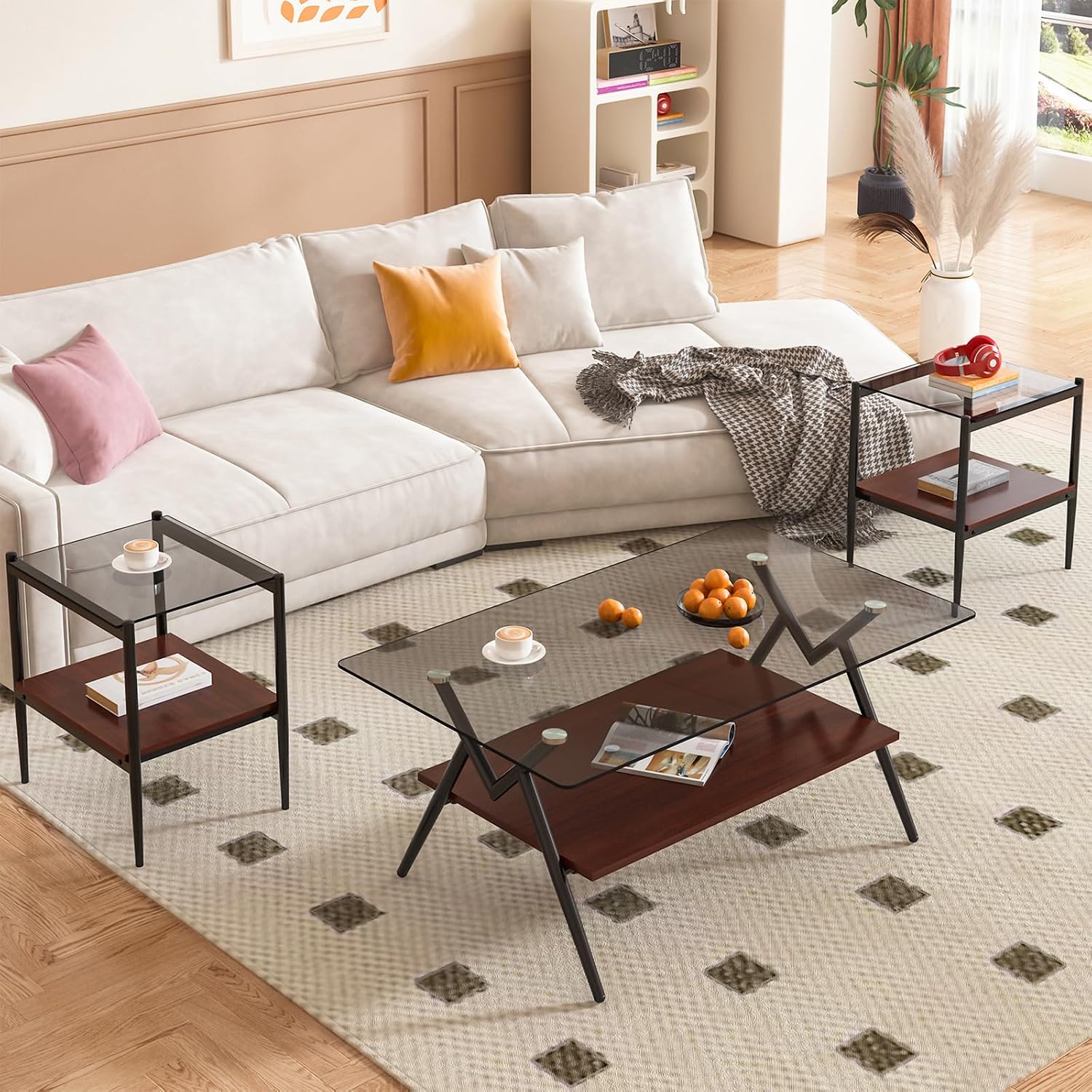 ODUSE-DAILY Coffee Table and End Table 3 Piece Living Room Set, Black Metal Frame Glass Top End Tables, Square Top Shelf, Sofa or Couch Side Tables, Mesa de Centro para Sala (3 Pcs)