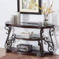 Elegant Retro Console Table, 3-Tier Traditional Rectangle Sofa Table with Tempered Glass Top, Mid-Marble Shelf, Vintage Accent Entryway Table for Living Room Hallway, Easy Assembly