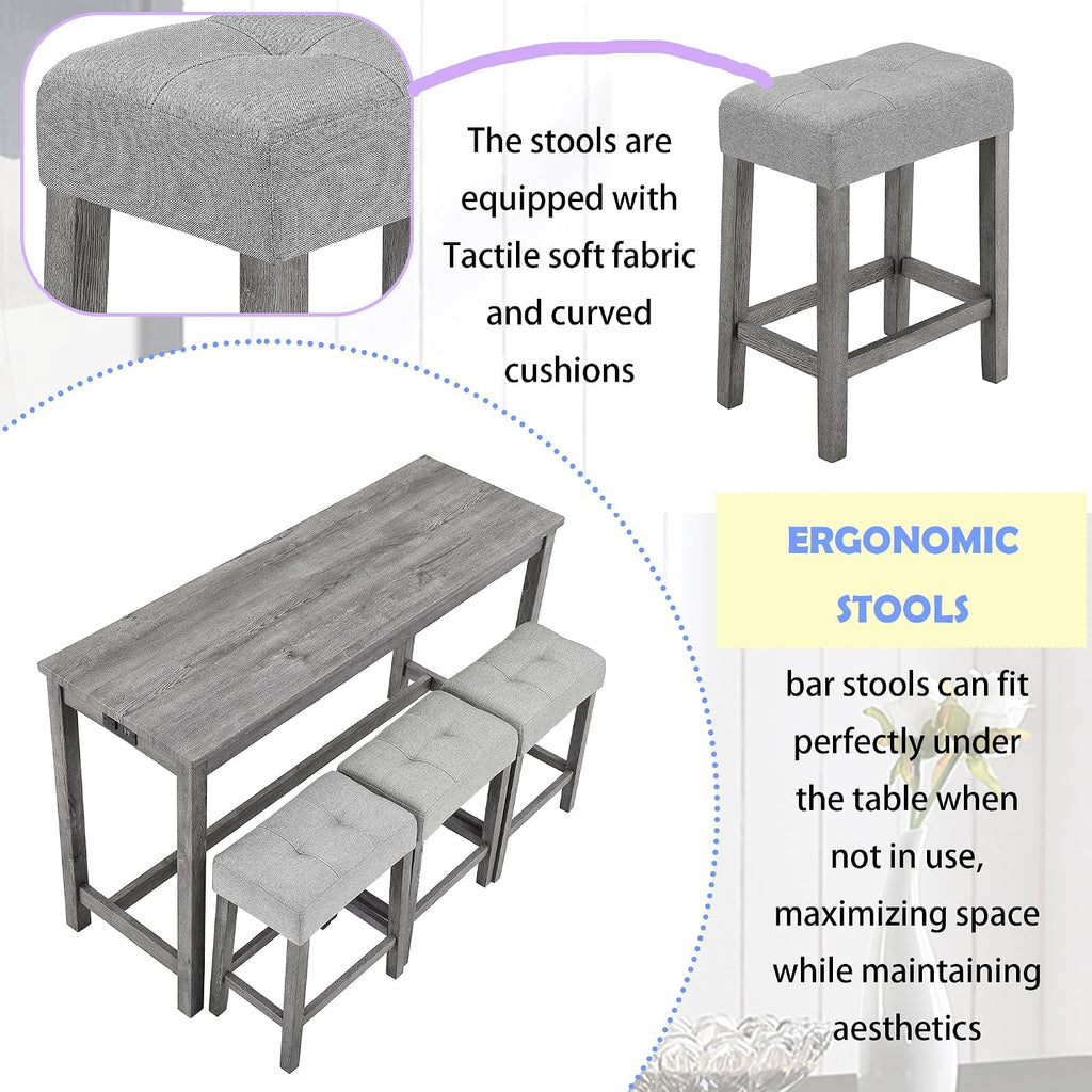 Merax 4 Piece Bar Table Set with Power Outlet,Industrial Breakfast Dining Table and Chairs Set with 3 Padded Stools,for Living Room,Game Room(Gray)