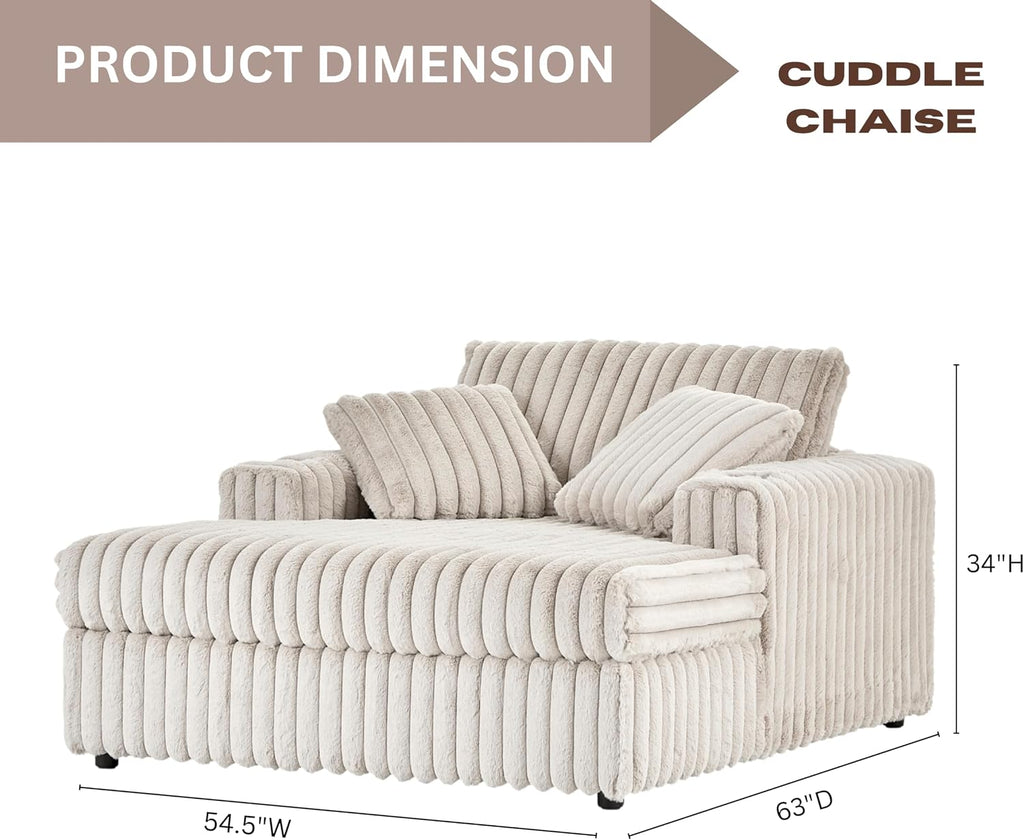 Roundhill Furniture Belvoir 3-Piece Living Room Set, Sofa Cuddle Chaise and Ottoman, Beige Champagne