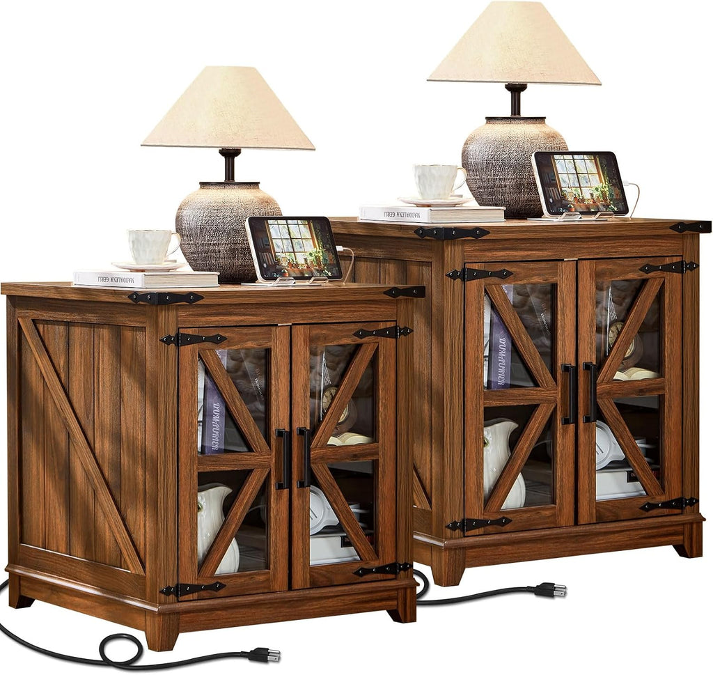 Farmhouse End Table Set of 2,24' Large Sofa Side Table with Charging Station Glass Barn Door,Wood Nightstand with Adjustable Storage Shelf,Square Bedside Table for Living Room,Bedroom,Office-Brown