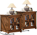 Farmhouse End Table Set of 2,24' Large Sofa Side Table with Charging Station Glass Barn Door,Wood Nightstand with Adjustable Storage Shelf,Square Bedside Table for Living Room,Bedroom,Office-Brown