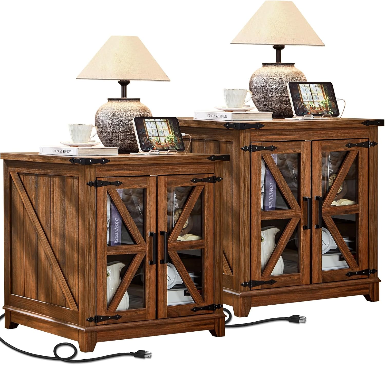 Farmhouse End Table Set of 2,24' Large Sofa Side Table with Charging Station Glass Barn Door,Wood Nightstand with Adjustable Storage Shelf,Square Bedside Table for Living Room,Bedroom,Office-Brown
