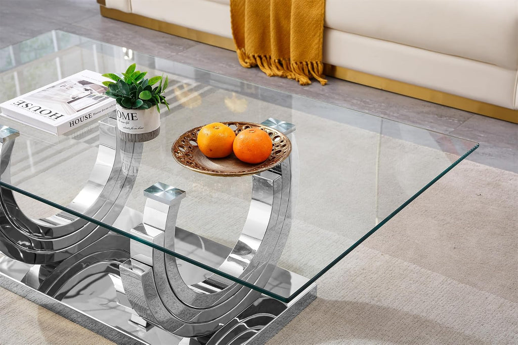 1 Piece Living Room Coffee Table Luxury Glass Center Table, Modern Silver Coffee Table with C-Shape Stainless Steel Pedestal Base