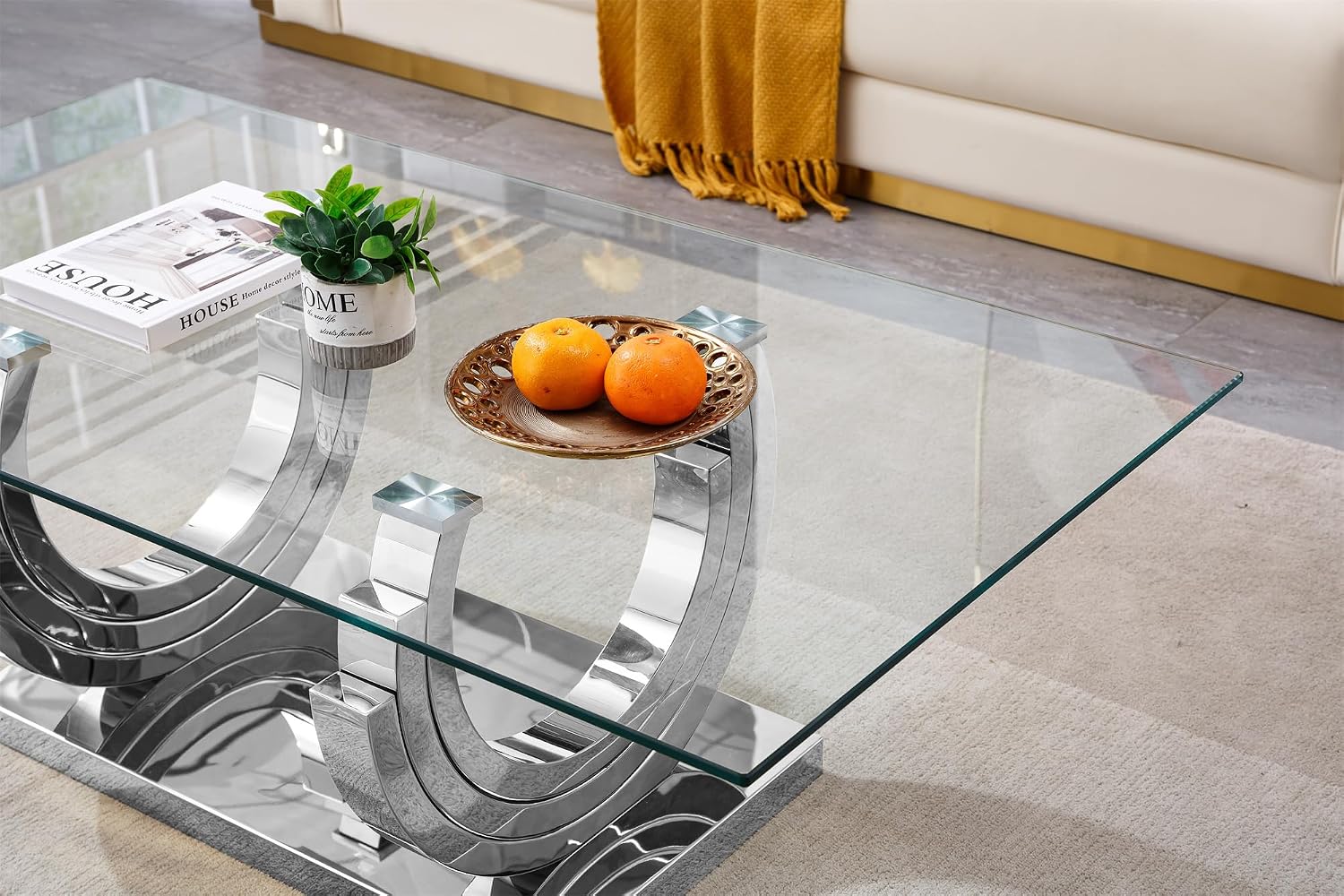 1 Piece Living Room Coffee Table Luxury Glass Center Table, Modern Silver Coffee Table with C-Shape Stainless Steel Pedestal Base