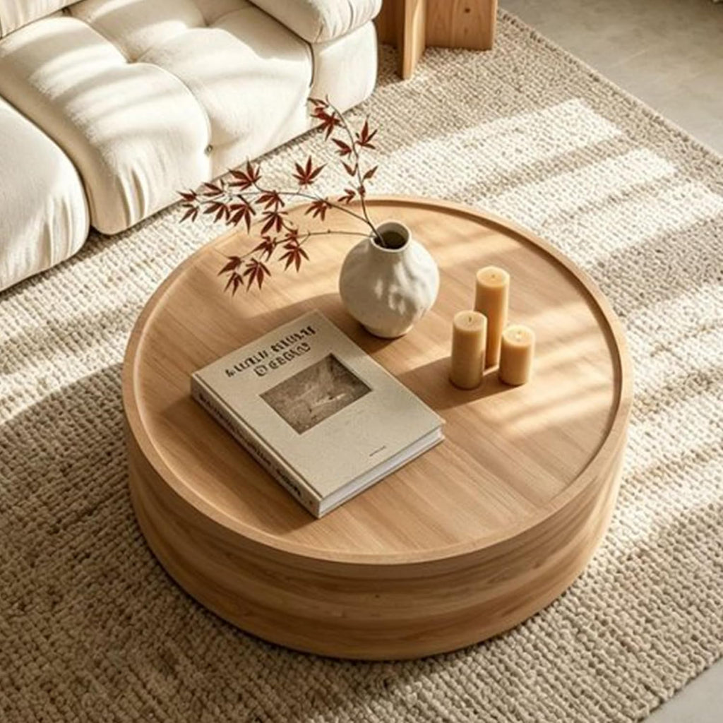 Modern Drum Coffee Table Natural Wood Color Coffee Tables Round Center Table for Living Room Home Office,39.3'- Fully Assembled