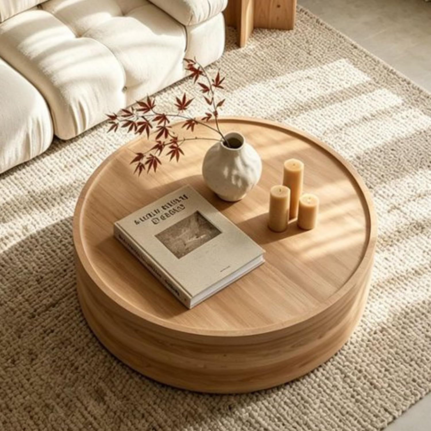Modern Drum Coffee Table Natural Wood Color Coffee Tables Round Center Table for Living Room Home Office,39.3'- Fully Assembled