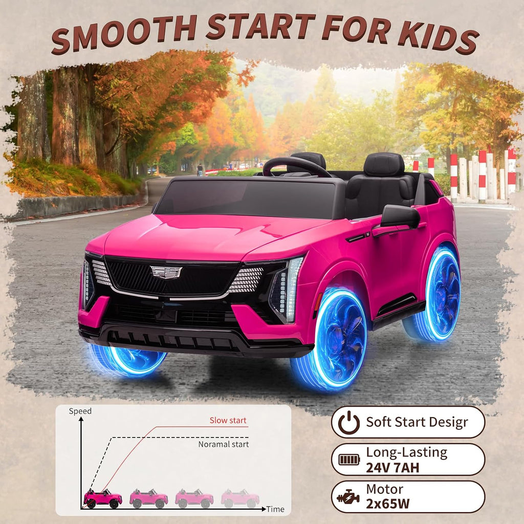 24V Ride On Car, Licensed Cadillac Battery Powered Electric Vehicle w/Remote Control, 2 Seater, 4-Wheel Shock Absorbers, Smooth Start, Music, LED Lights for Boys Girls