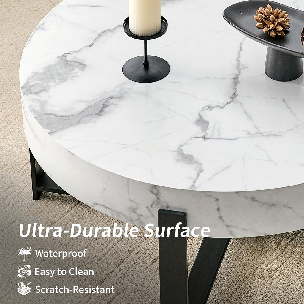Marble Round Coffee Table Modern Coffee Tables for Living Room Travertine Stone Coffee Table with Storage for Apartment Office Small Space