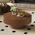 31.5'' White Round Coffee Table Modern Wood Coffee Table for Living Room, Contemporary Circle Fluted Drum Pedestal Style, Easy Assembly, Walnut