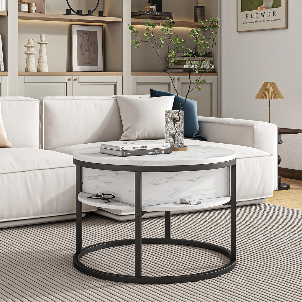 HOJINLINERO Round Coffee Table with Storage, Lift Top Coffee Table with Hidden Compartment, Farmhouse Juxing Design for Living Room, 2-Tier Small Round Dining Center, White
