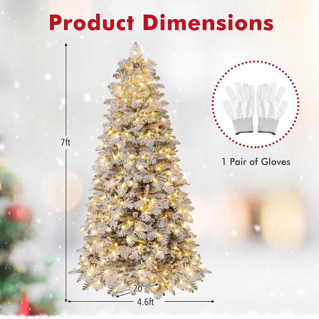 GOFLAME 7FT Pre-lit Artificial Christmas Tree, Snow Flocked Hinged Xmas Tree with 160 Ball Lights, LED Lights, 806 Branch Tips, 8 Lighting Modes and Metal Stand, Holiday Decoration Tree for Home Party