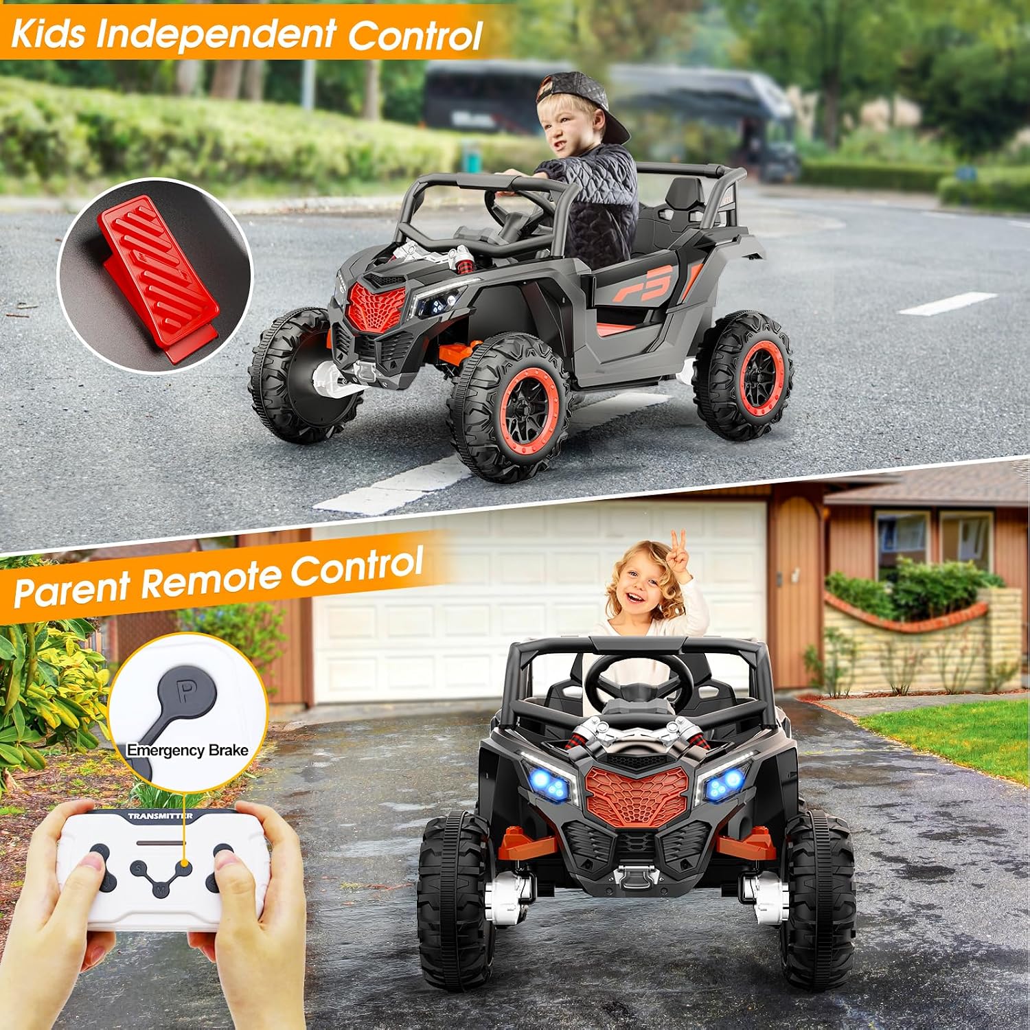 YunTopKids 2 Seater Ride On Car for Kids,12V 10AH Ride On UTV Toy,4WD Electric Car with Remote Control,4 Shock Absorbers,4 Motors, Soft Start,Music Player,Electric Cars for Kids Ages 3+,Black