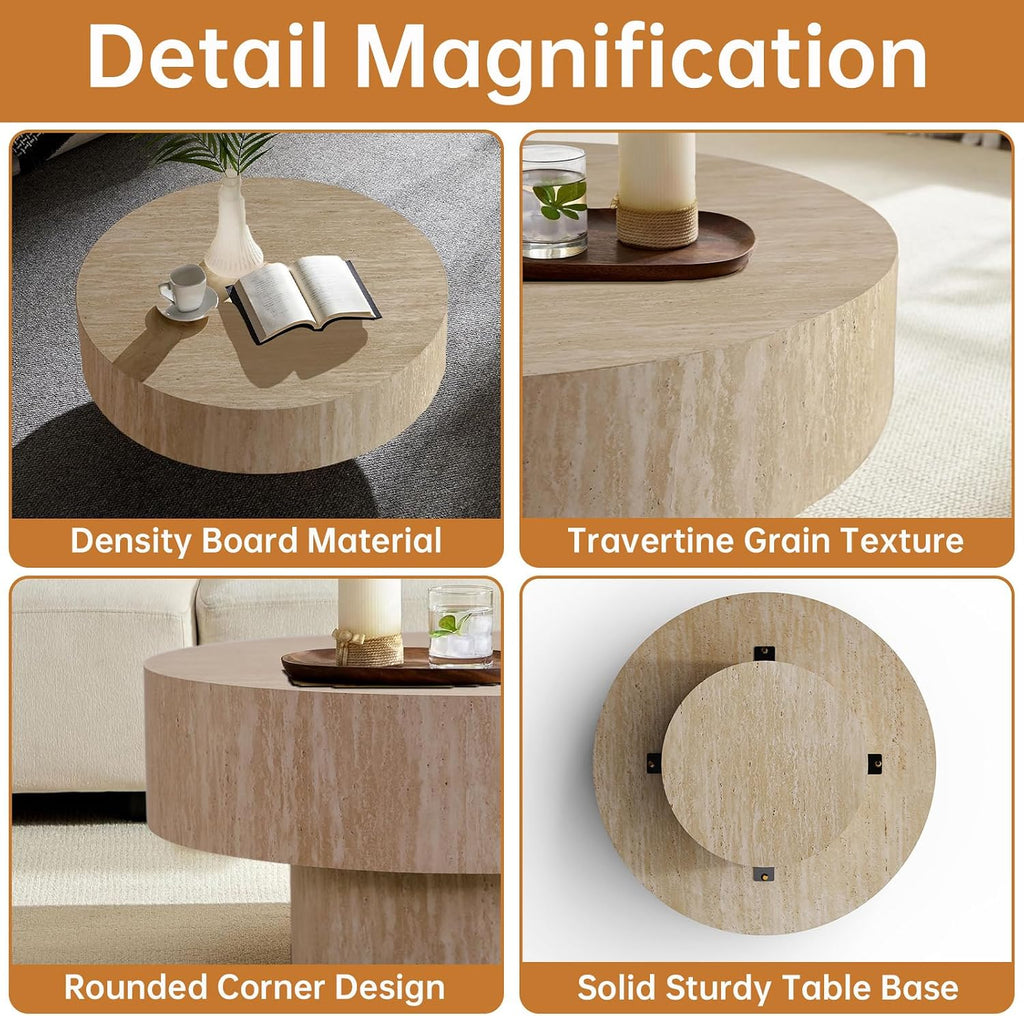 Round Travertine Coffee Table, with Large Tabletop & Base, Mid Century Rustic Circle Wood Center Table for Living Room Farmhouse Apartment, Easy Assembly (A)